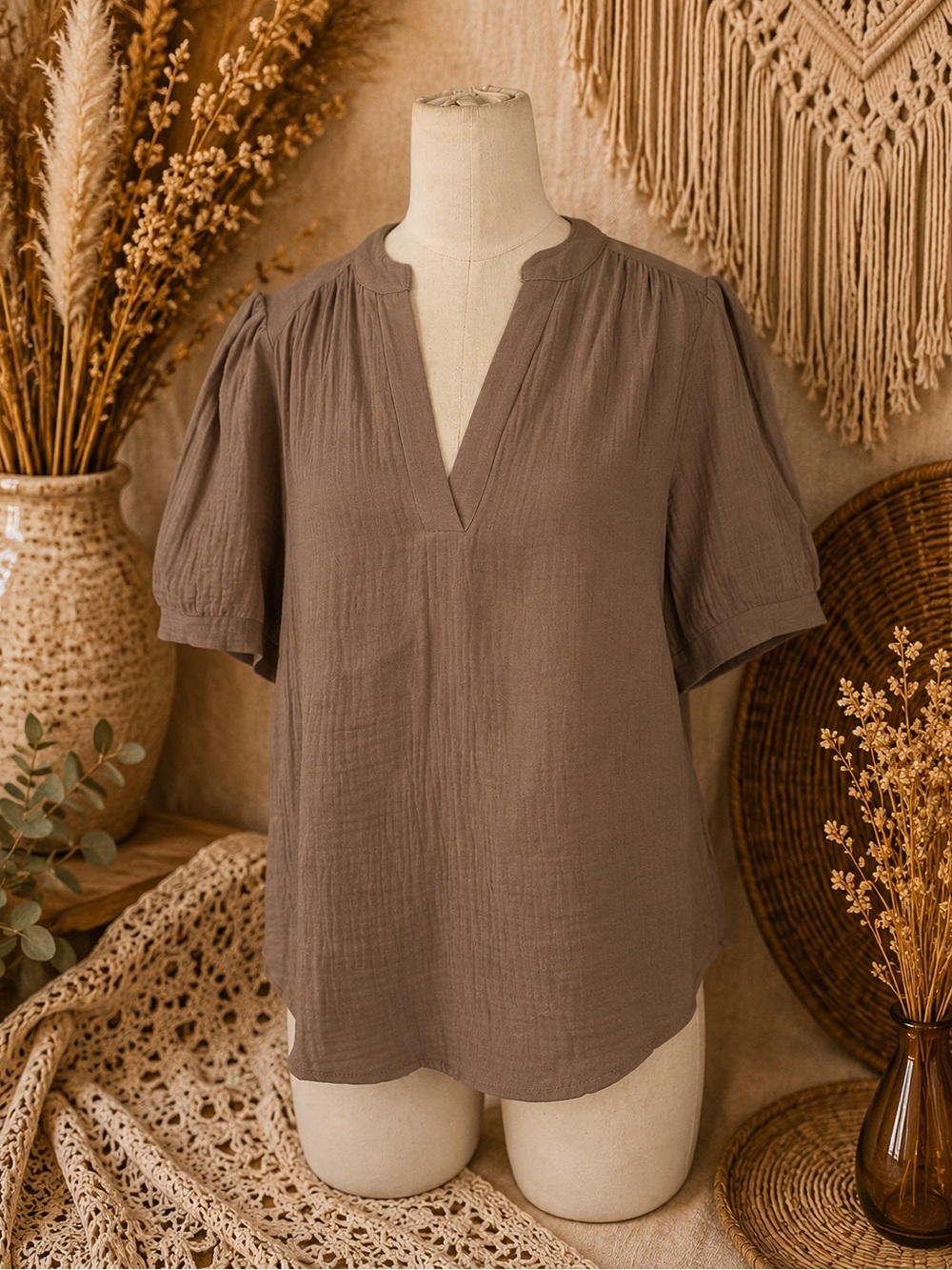 Avara 100% Cotton Gauze Blouse Size Small Taupe Puff Sleeve Boho Top